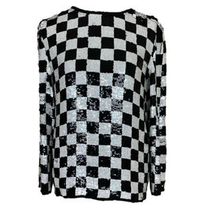 VINTAGE Black and White Checkered Silk Top Size L